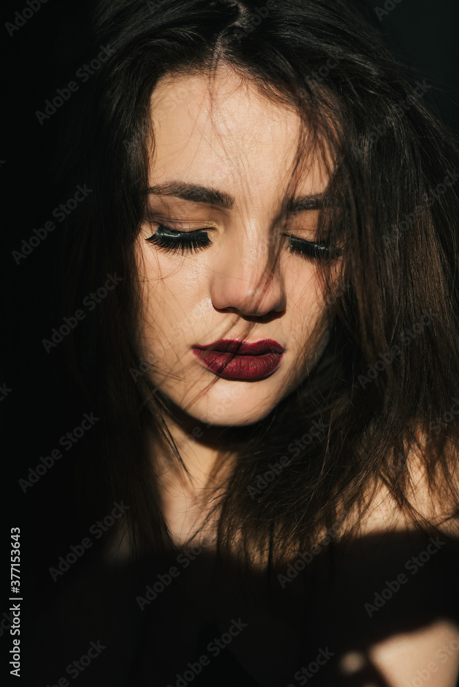 sensual expressive portrait of a girl with disheveled hair and red lipstick sensual expressive portrait of a girl with disheveled hair and red lipstick