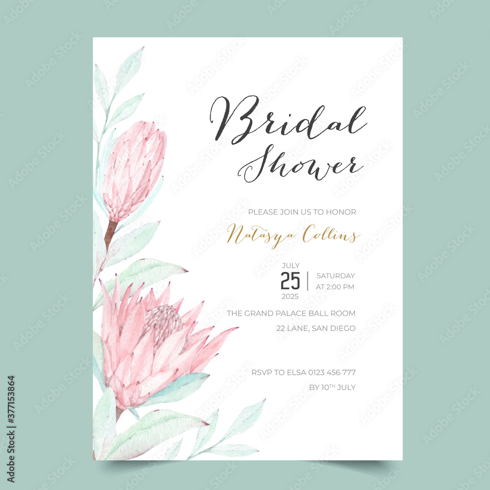 Beautiful bridal shower invitation template with pink protea flower