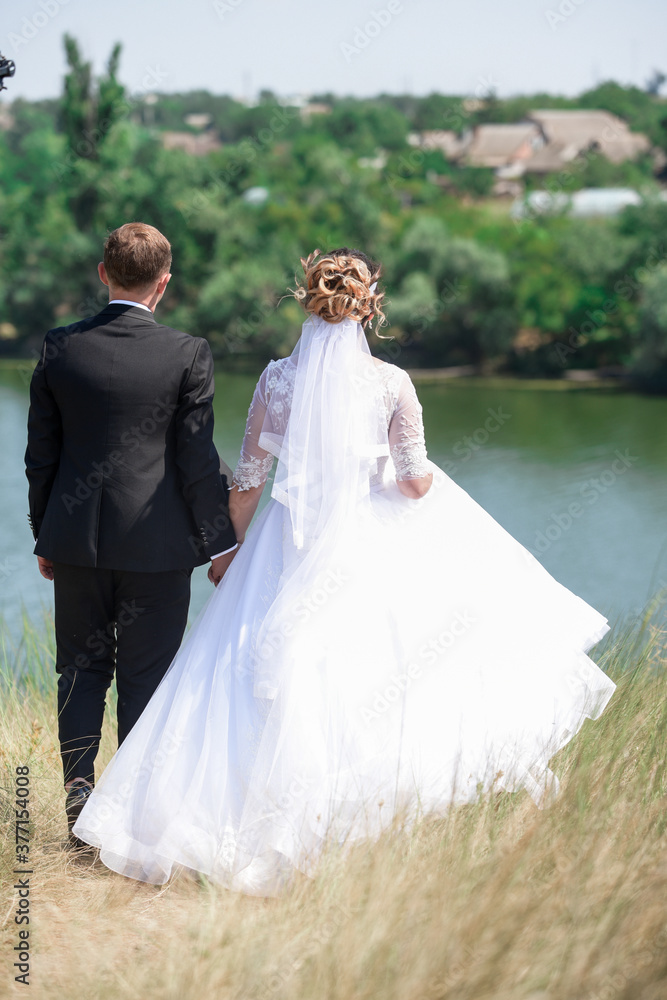 The bride and groom stand back, hold hands. The bride and groom stand back, hold hands.