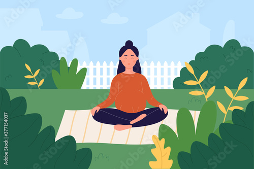 Prenatal yoga vector illustration. Cartoon pregnant woman character taking care of mental and physical health, doing lotus yoga asana pose in garden, pregnancy healthy lifestyle workout background