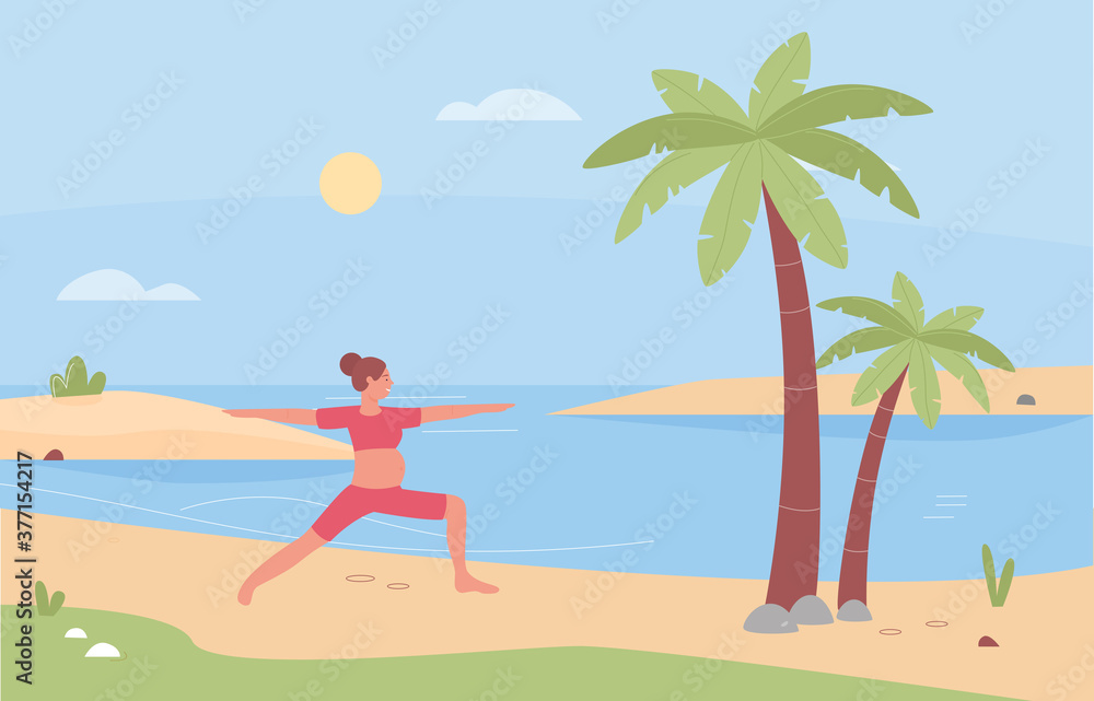 Prenatal yoga exercise vector illustration. Cartoon pregnant woman character practicing yoga asana pose on tropical sea beach, pregnancy outdoor workout in nature, active healthy lifestyle background