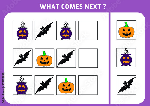 “What comes next” is educational game for the development of logical thinking of children. Find the regularity and continue the row task. Halloween theme. Difficulty level 1. Vector illustration