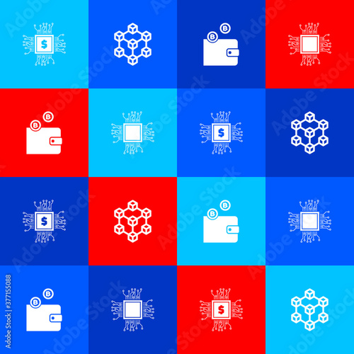 Set Processor chip with dollar, Blockchain technology, Cryptocurrency wallet and icon. Vector.