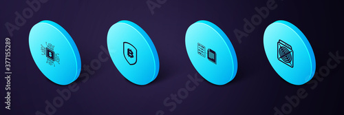 Set Isometric ASIC Miner, Smart contract, Shield with bitcoin and Processor chip dollar icon. Vector.