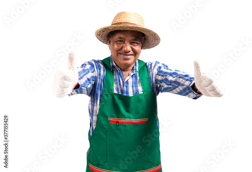 Elderly Asian farmer wear a hat smiling and thumbs up isolated on white background. Clipping path