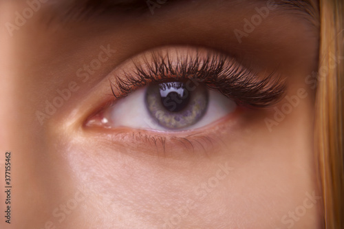 Eyelash Extension Procedure. Woman Eye with Long Eyelashes. Close up, selective focus. © Aliaksandr Barouski