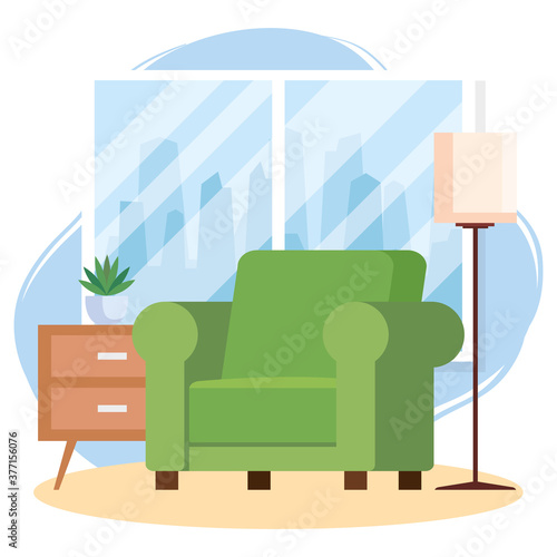 living room home place, sofa and house interior decoration vector illustration design