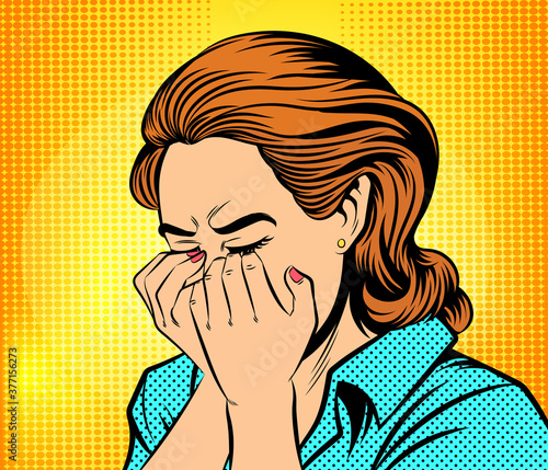 Crying woman Raise both hands to cover their mouths. Pop art vector illustration