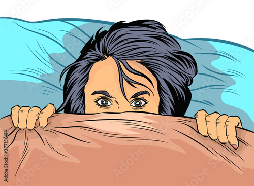 The woman was lying staring, she was scared, pulled the blanket over her mouth and nose. Pop art vector illustration