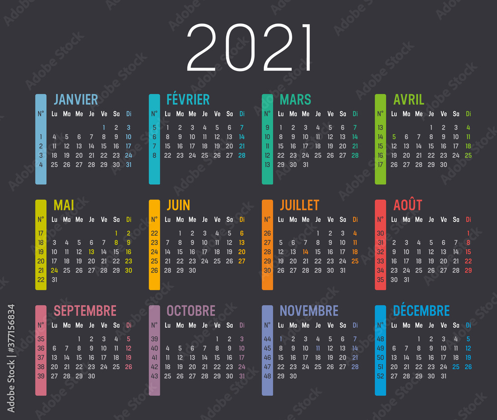 Vecteur Stock Calendrier Agenda 2021 couleur, avec numéros de semaine |  Adobe Stock