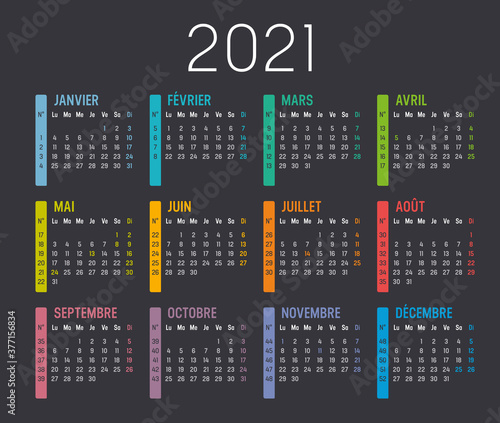 Calendrier Agenda 2021 couleur, avec numéros de semaine