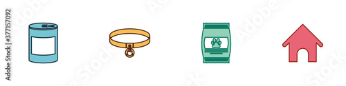 Set Canned food, Cat collar, Bag of for pet and Dog house icon. Vector.