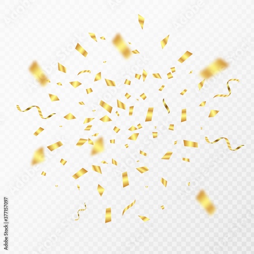 Golden confetti. Gold 3D party shiny flying particles. Vector falling carnival decoration for flyer greeting card banners.