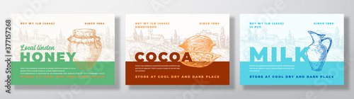 Hone, Cocoa Beans and Milk Food Label Templates Set. Abstract Vector Packaging Design Layouts Bundle. Modern Typography Banners with Hand Drawn Rural Landscape Background.
