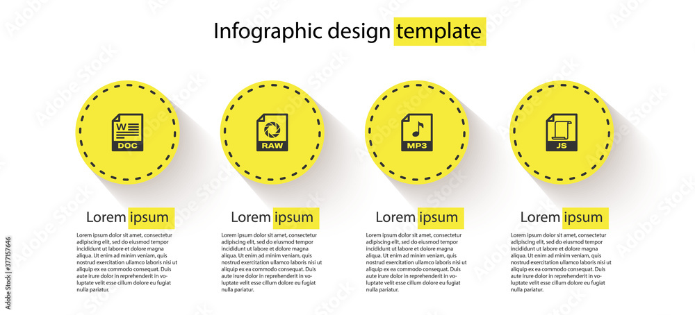 Set DOC file document, RAW, MP3 and JS. Business infographic template.  Vector. Stock Vector | Adobe Stock