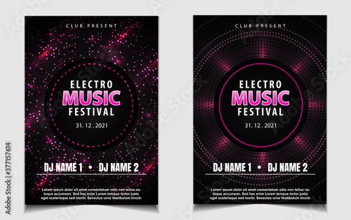 Music poster design background template with elegant pink light on dark. Electro music and party night dance concept graphic can use for club night invitation, festival flyer, business event promotion