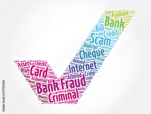 Bank fraud check mark word cloud collage, business concept background