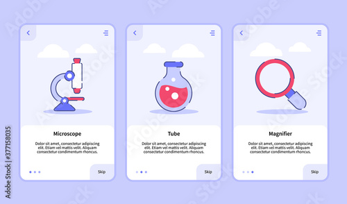 Medical icon microscope tube magnifier onboarding screen for mobile apps template banner page UI with three variations modern flat outline style