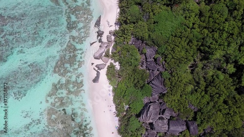 Anse Source Argent in La Digue, Seychelles. Aerial view