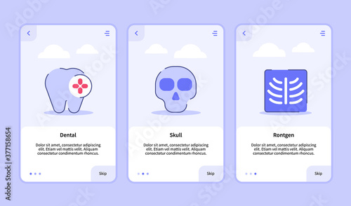 Medical icon dental skull rontgen onboarding screen for mobile apps template banner page UI with three variations modern flat outline style