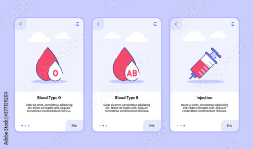 Medical icon blood type O type B injection onboarding screen for mobile apps template banner page UI with three variations modern flat outline style.