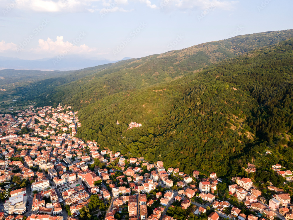 Aerial sunset view of town of Petrich, Bulgaria