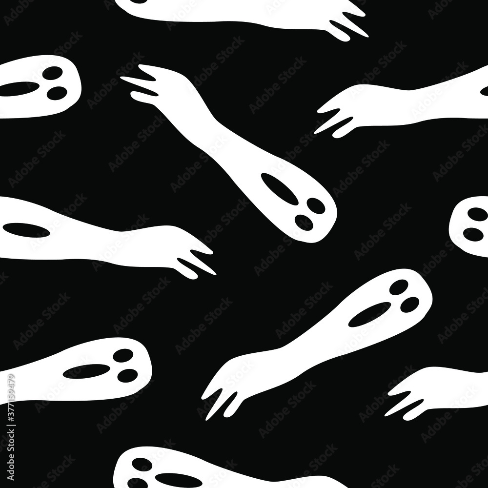 Seamless pattern with white ghosts on black background. Simple cartoon style. Cute and funny. Halloween decoration. Scary and creepy creatures. For postcards, wallpaper, textile and wrapping paper Seamless pattern with white ghosts on black background. Simple cartoon style. Cute and funny. Halloween decoration. Scary and creepy creatures. For postcards, wallpaper, textile and wrapping paper