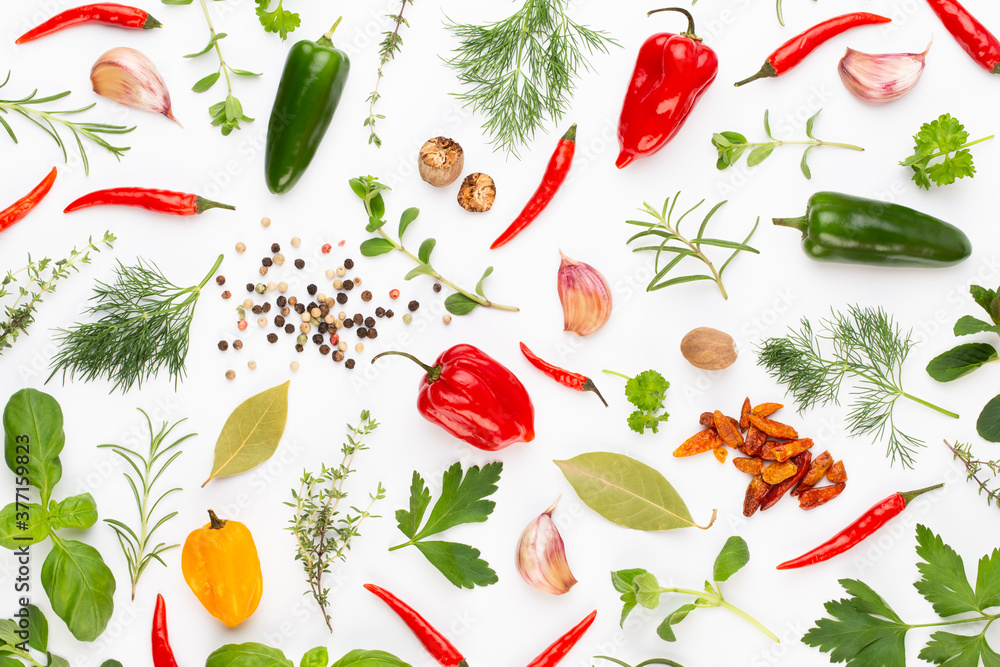Spice herbal leaves and chili pepper on white background. Vegetables pattern. Floral and vegetables on white background. Top view, flat lay. Spice herbal leaves and chili pepper on white background. Vegetables pattern. Floral and vegetables on white background. Top view, flat lay.