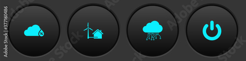 Set Humidity, House with wind turbine, Internet of things and Power button icon. Vector.