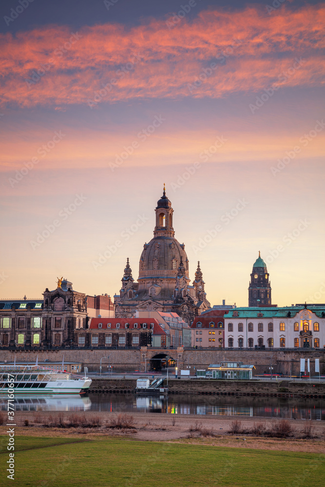 Dresden, Germany. Cityscape image of skyline Dresden, Germany with Dresden Cathedral during beautiful sunset.
