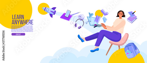 Online school or university education illustration with flying student using laptop, levitating stationery. E-learning or internet training vector concept with woman, rocket. Online education banner