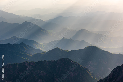 Beautiful Huangshan mountains landscape at sunrise in China.