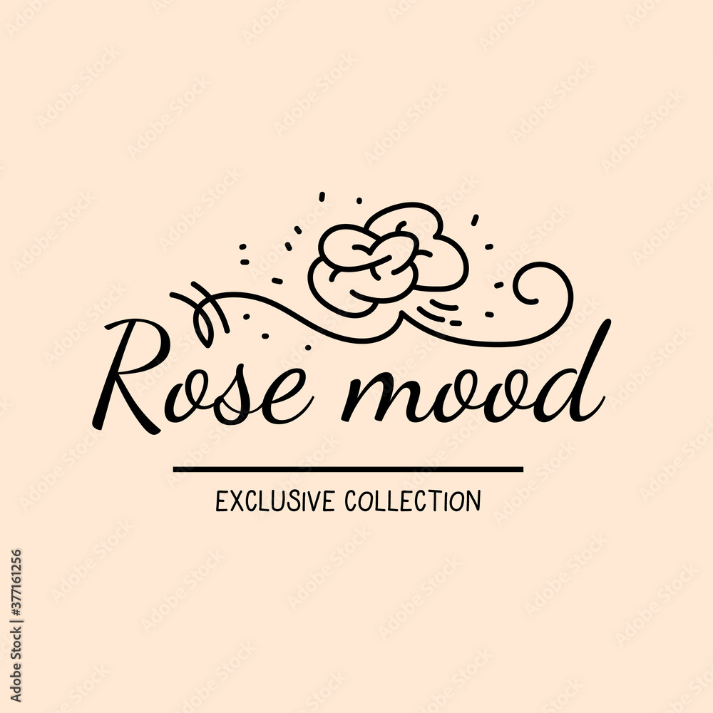 Vector template of rose flower decoration and inscription on light color background.