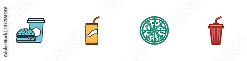 Set Coffee and burger, Soda can with drinking straw, Pizza and Glass water icon. Vector.