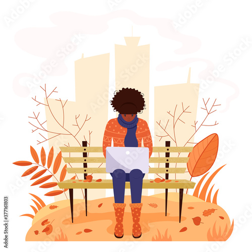Woman working with laptop in the park. Concept of couchsurfing character or freelancer. Cute illustration in flat style.