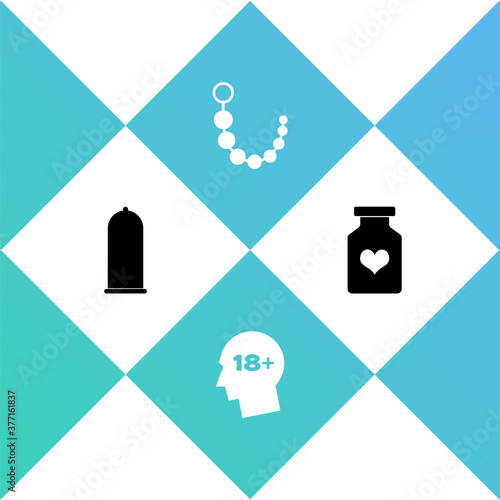 Set Condom safe sex, Head with 18 plus, Anal beads and Bottle pills for potency icon. Vector.