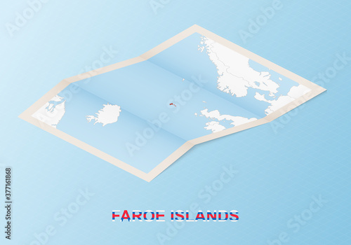 Folded paper map of Faroe Islands with neighboring countries in isometric style.