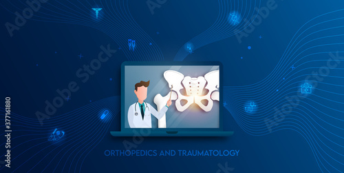 Technology for treatment of hip bone injury. Abstract traumatology and orthopedics. Medical science in the hospital for body joints.