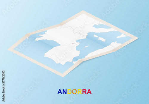Folded paper map of Andorra with neighboring countries in isometric style.