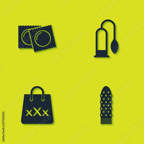 Set Condoms in package, Dildo vibrator, Shopping bag with triple X and Penis pump icon. Vector.