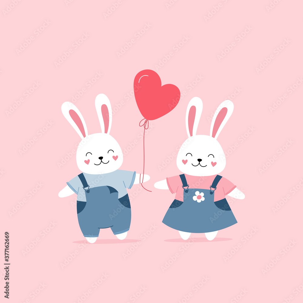 Cute bunnies in love, Valentine's Day gift, declaration of love, heart-shaped balloons. Cute print for kids room decor, t-shirts, postcards. Vector illustration on pink background for children. Cute bunnies in love, Valentine's Day gift, declaration of love, heart-shaped balloons. Cute print for kids room decor, t-shirts, postcards. Vector illustration on pink background for children.