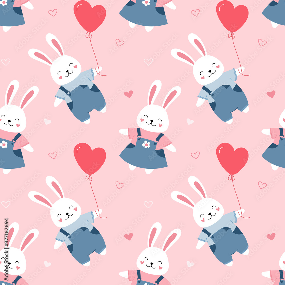 Seamless pattern cute bunnies, heart-shaped balloon. Cartoon print for packaging, fabric, wallpaper, textile. Vector illustration for children. Seamless pattern cute bunnies, heart-shaped balloon. Cartoon print for packaging, fabric, wallpaper, textile. Vector illustration for children.
