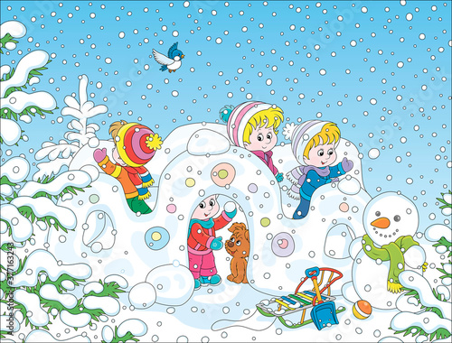 Small children playing in their toy snow fortress on a playground in a winter snow-covered park, vector cartoon illustration
