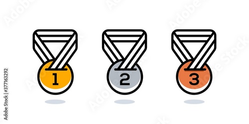 set collection of medal champion for first second and third place, 1st 2nd 3rd in black line icon Vector illustration graphic art sticker design.