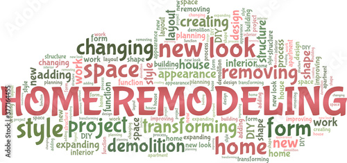 Home remodeling vector illustration word cloud isolated on a white background.