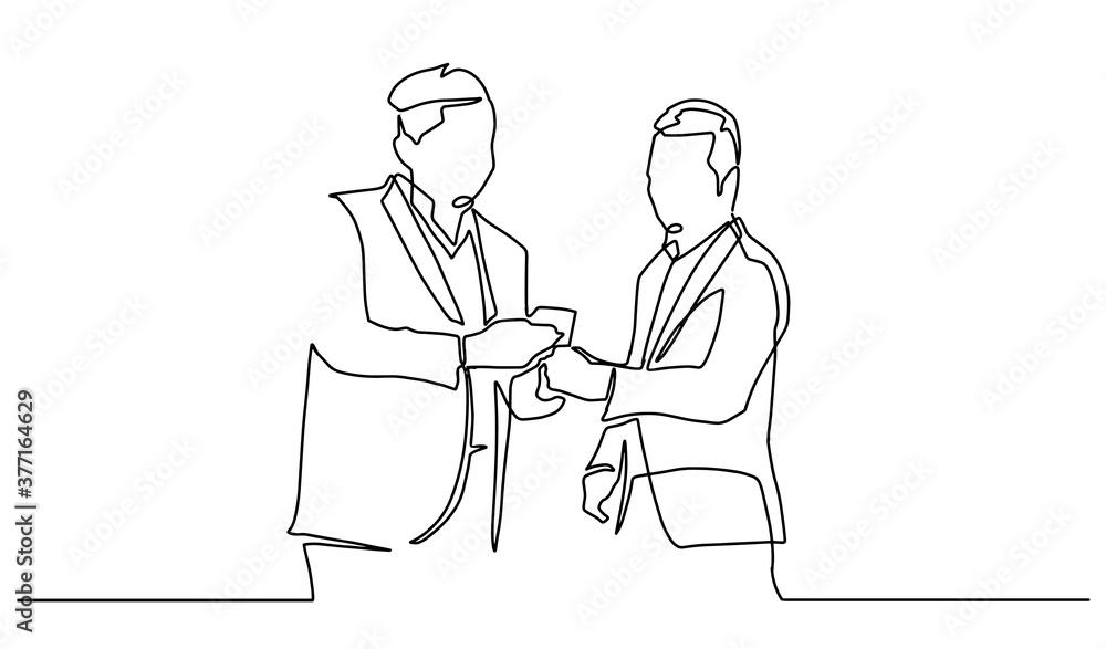 Business discussion of man and woman continuous line drawing one lineart design minimalist vector illustration. Single continuous line drawing of two young male and female startup founders Business discussion of man and woman continuous line drawing one lineart design minimalist vector illustration. Single continuous line drawing of two young male and female startup founders