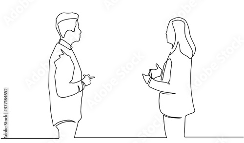 Business discussion of man and woman continuous line drawing one lineart design minimalist vector illustration. Single continuous line drawing of two young male and female startup founders