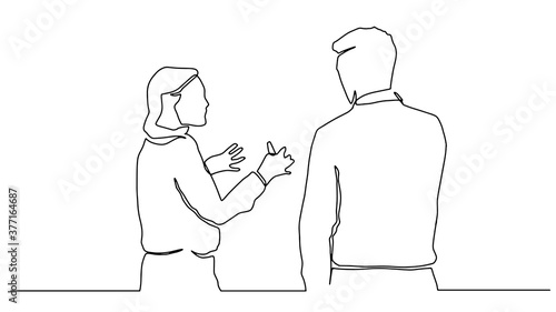 Business discussion of man and woman continuous line drawing one lineart design minimalist vector illustration. Single continuous line drawing of two young male and female startup founders
