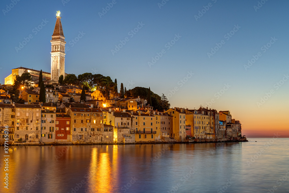 The idyllic old town of Rovinj in Croatia after sunset