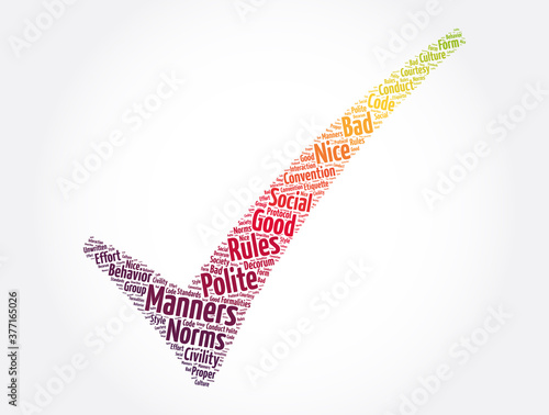 Manners check mark word cloud collage, concept background